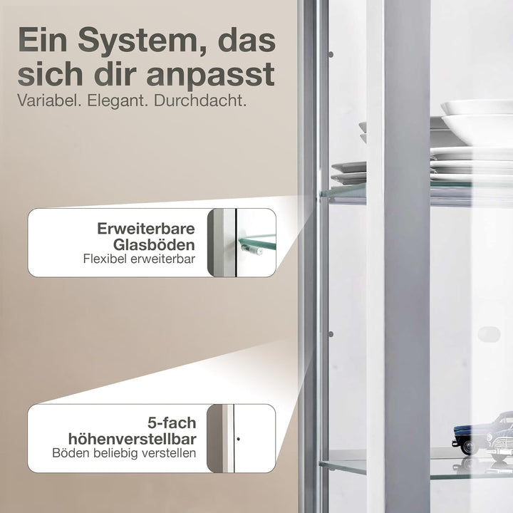 K-Möbel Hängevitrine in Alu/Silber (80x60x25 cm) mit 2 höhenverstellbaren Glasböden, Spiegel & LED -