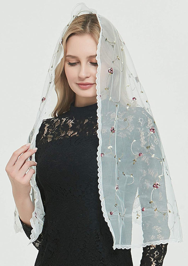 Leimandy Orthodox Veil Head Covering with Embroidered Flowers Catholic Chapel Mantilla veil V50 Elfe