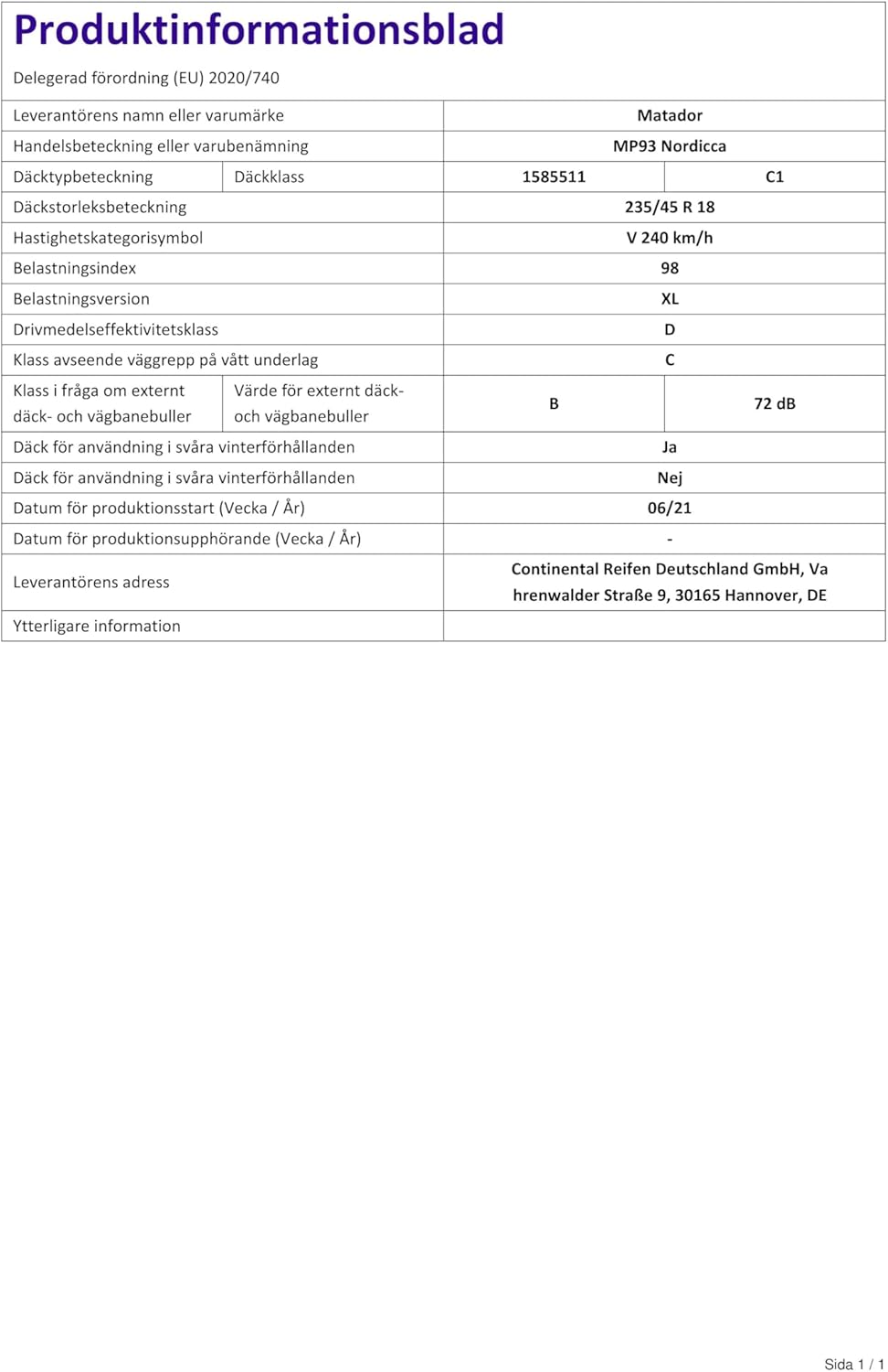 MATADOR MP93 NORDICCA XL - 235/45R18 98V - E/C/72dB - Winterreifen