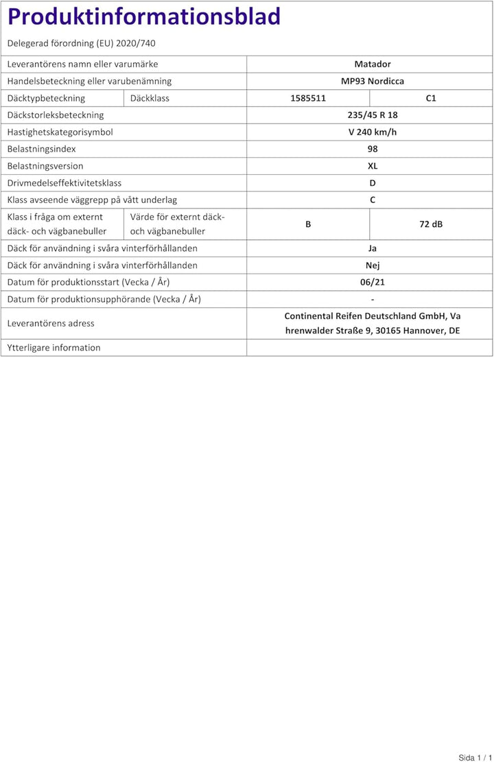 MATADOR MP93 NORDICCA XL - 235/45R18 98V - E/C/72dB - Winterreifen