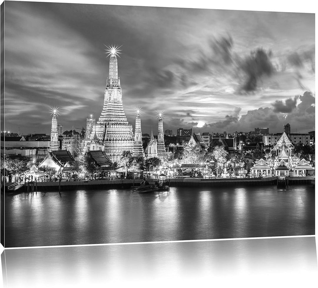 Pixxprint Wat Arun Nachtansicht Tempel Bangkok Thailand Kunst B&W, Format: 100x70 auf Leinwand, XXL