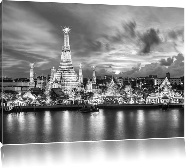 Pixxprint Wat Arun Nachtansicht Tempel Bangkok Thailand Kunst B&W, Format: 100x70 auf Leinwand, XXL