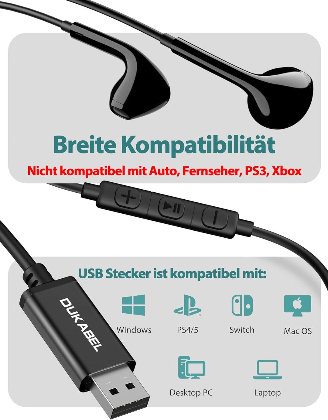 DuKabel USB In Ear Kopfhörer PC Headset mit Mikrofon und Lautstärkeregler USB Gaming Headset für PS4