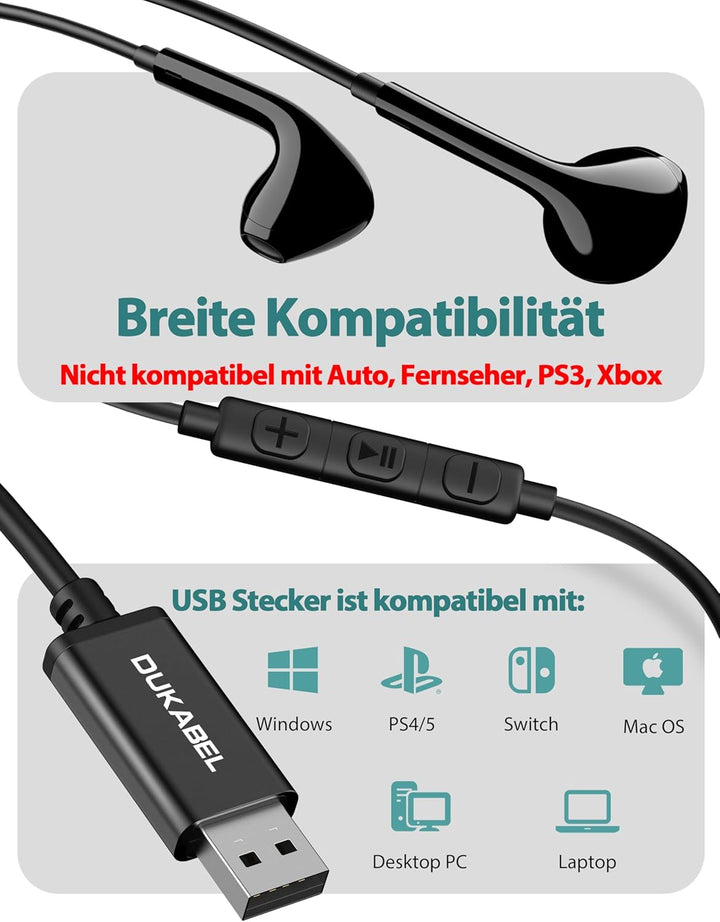 DuKabel USB In Ear Kopfhörer PC Headset mit Mikrofon und Lautstärkeregler USB Gaming Headset für PS4