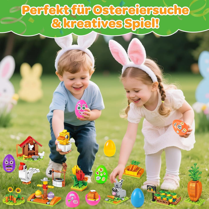 MOONTOY Ostergeschenke Kinder, 12 Ostereier mit 12 Oster Bausteinsets & 4 Stickern, DIY Osternest Fü