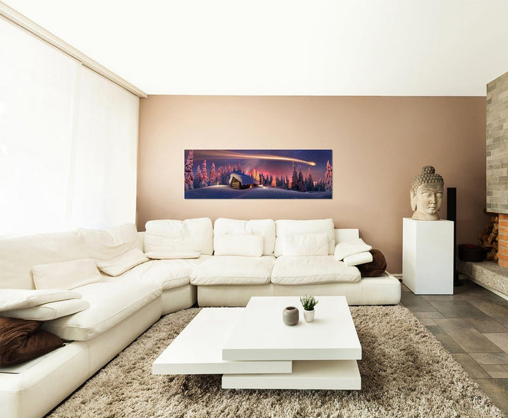 Wandbild auf Leinwand als Panorama in 150x50cm Wald Haus Schnee Sternschnuppe Fantasie