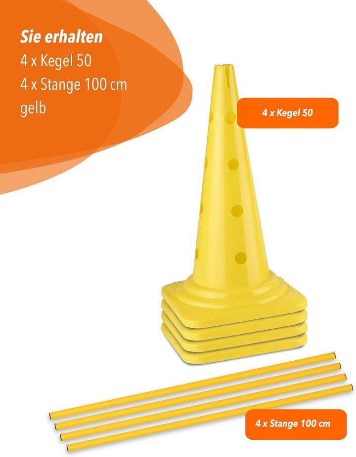 Kombi-Kegel 50 mit Stange 100 cm – 4er Set – Pylone mit Slalomstange – für Slalom-Parcours – Agility