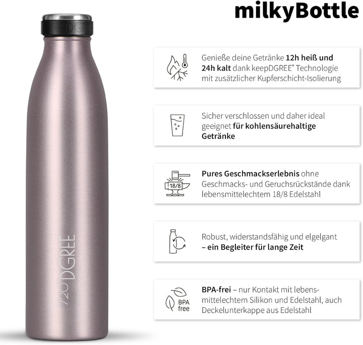 720°DGREE Edelstahl Trinkflasche “milkyBottle” - 750ml - BPA-Frei, Auslaufsicher, Kohlensäure geeign