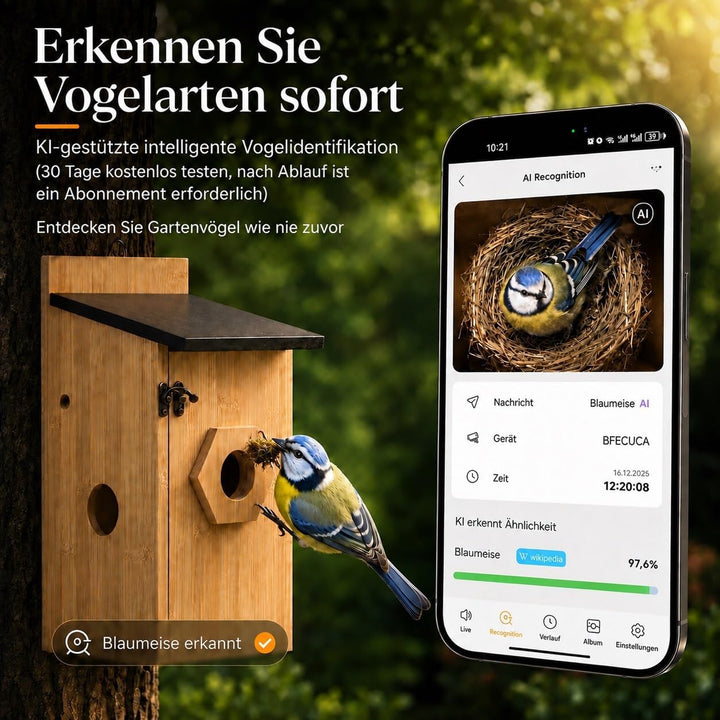 Vogelhaus mit Kamera, 5MP HD Nistkasten für Draussen mit Solarpanel Wetterfest, 2,4G WiFi und Nachts