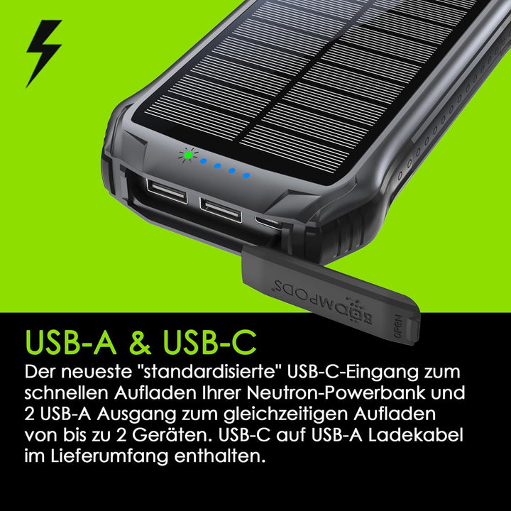 Boompods Neutron 10000mAh Power Bank Solar, tragbares Ladegerät, Solar Powerbank mit Schnellladefunk
