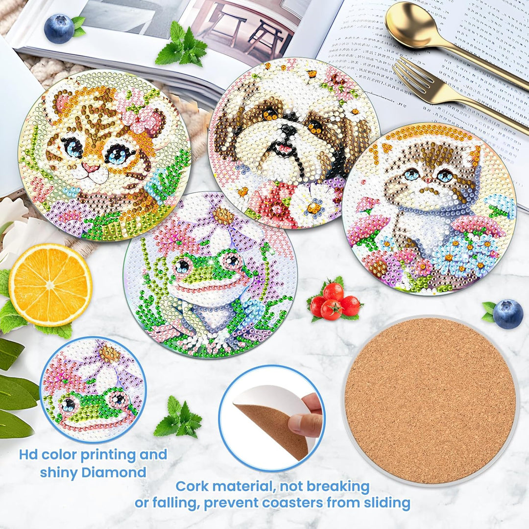 8 STK Diamond Painting Untersetzer Tier mit Halter, Diamant Bilder für Tiere, Tassenuntersetzer mit