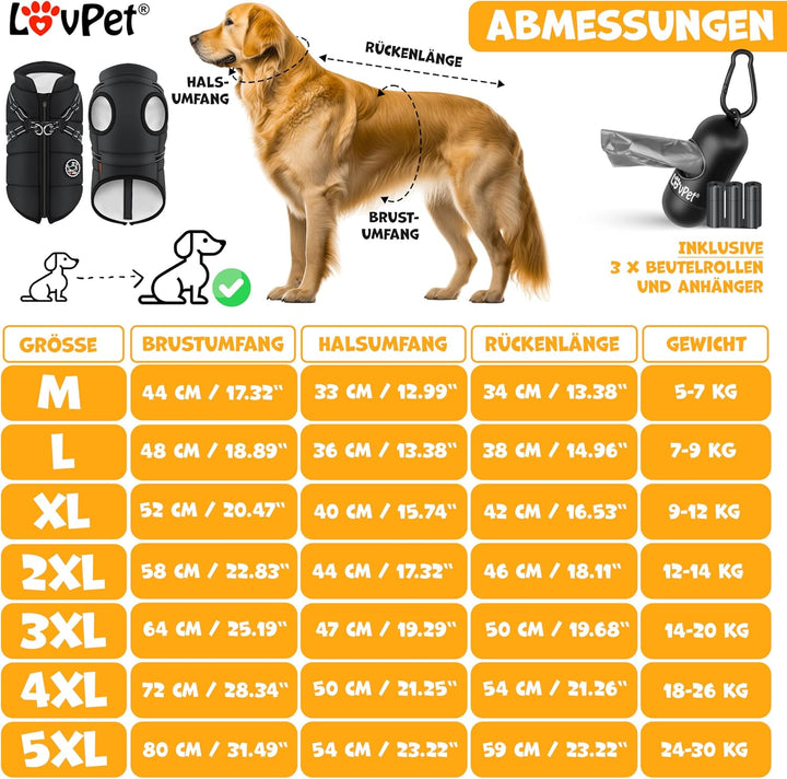 LOVPET® Hundejacke Hundemantel mit Geschirr, inkl. 45 Stück Kotbeutel + Spender, Hunde Winterweste g