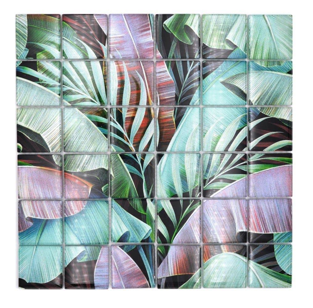 Mosaikfliese Glasmosaik Regenwald Grün Violett Blätter Optik Küchenrückwand Duschwand | 10 Mosaikmat