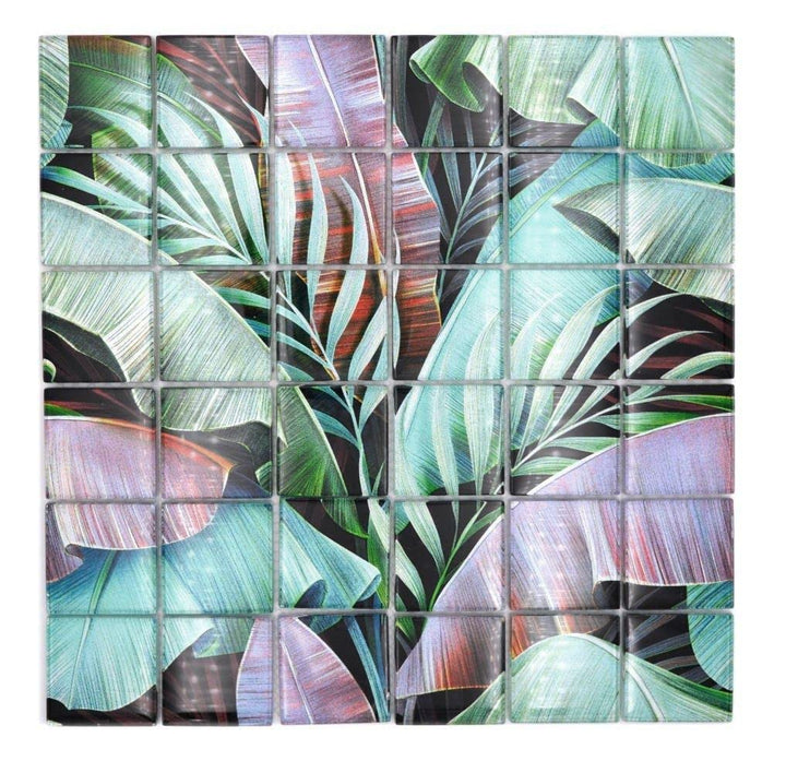 Mosaikfliese Glasmosaik Regenwald Grün Violett Blätter Optik Küchenrückwand Duschwand | 10 Mosaikmat