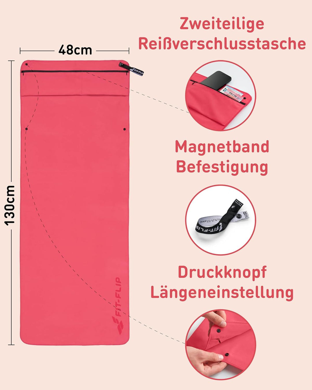 Fit-Flip Fitness Handtuch aus Mikrofaser kompakt und schnelltrocknend | mit Magnet und Reissverschlu