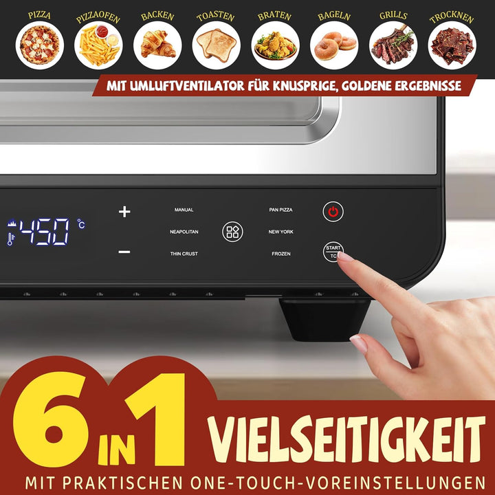 Elektrischer Pizzaofen - 6 Programme, 1700W, max. 450°C, geeignet für 32cm Pizzen - 5-in-1-Multifunk