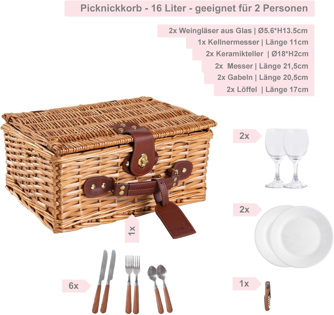 eGenuss Handgefertigtes Picknickkorb für 2 Personen – Kühlfach, Multifunktionsmesser, Edelstahlbeste