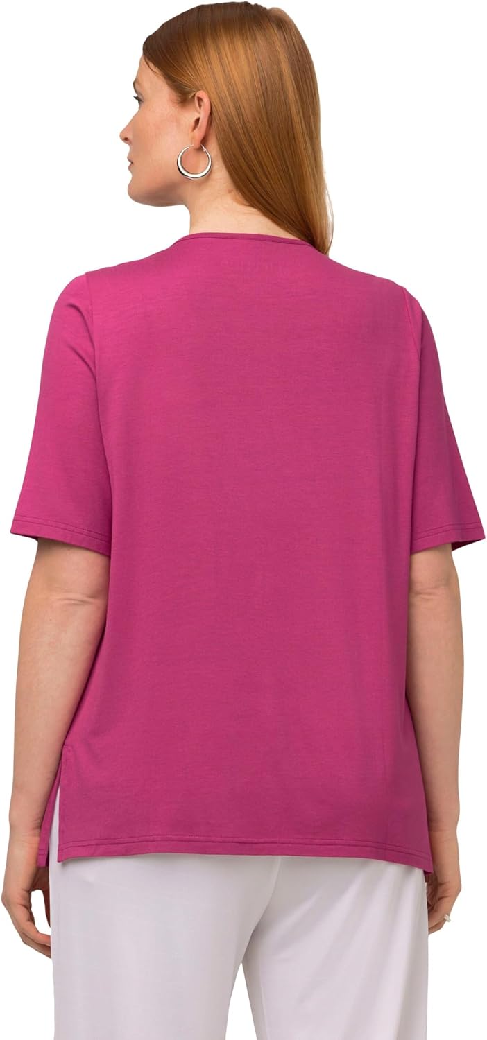 Ulla Popken Damen T-Shirt, vorne doppellagig, V-Ausschnitt, Halbarm 42-44 Fuchsia Pink, 42-44 Fuchsi