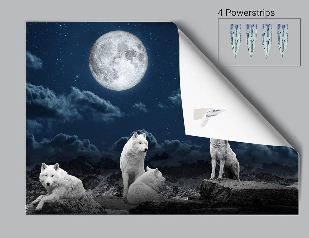 wandmotiv24 Poster als Wanddeko, Grösse Din A0, Wolfsrudel, Wolf, Gemälde, Mond, Wölfe, Felsen, Tier