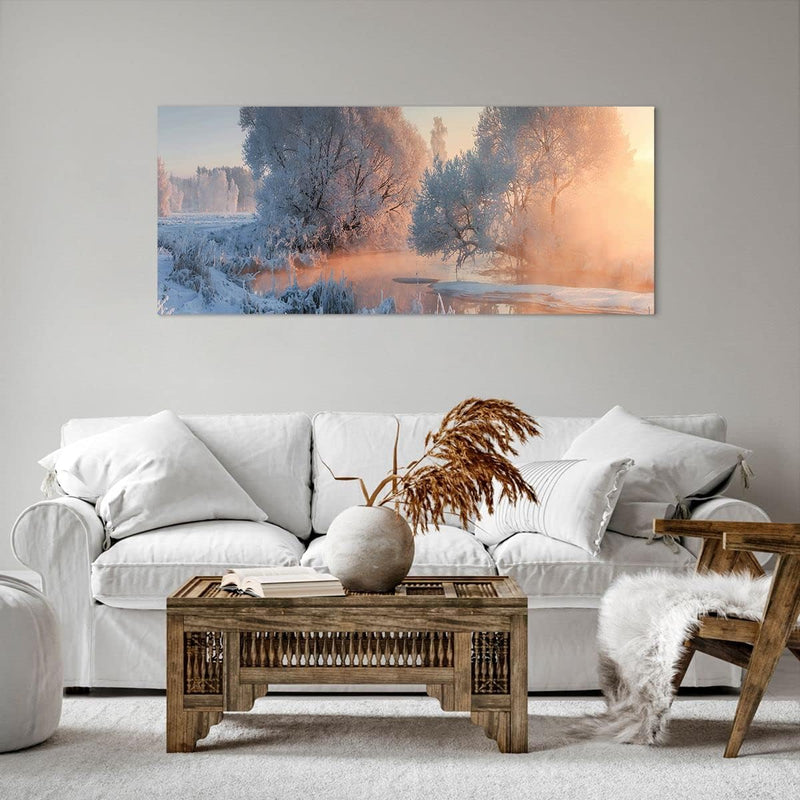 Wandbilder Dekoration Wohnzimmer Winter Schnee Fluss Panorama Bilder auf Leinwand 120x50cm Leinwandb