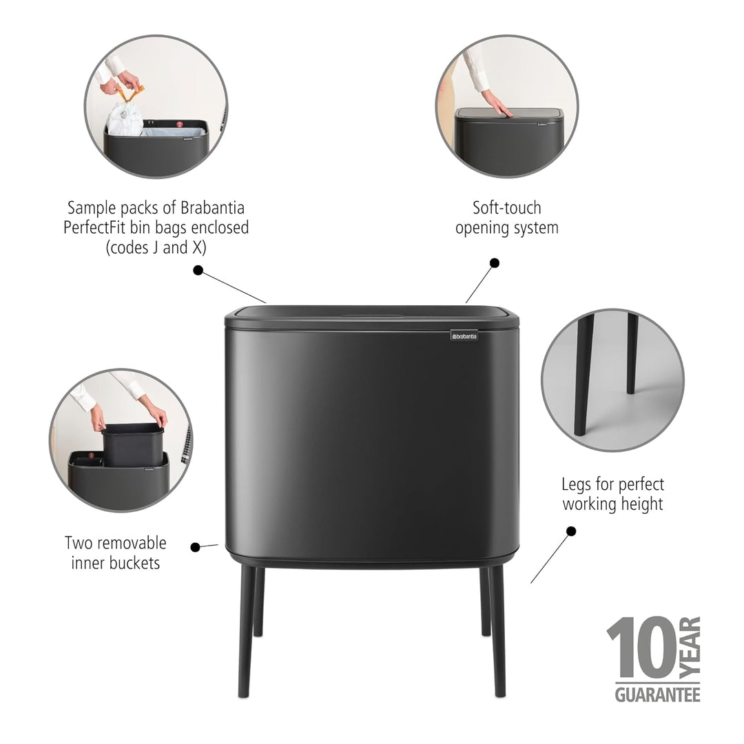 Brabantia Bo Touch Bin für die Küche 23+11 l – Zwei Fächer | Soft-Touch-Abfalltrennung mit Inneneime