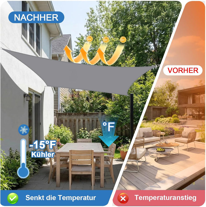 2x3m Sonnensegel Rechteckig Wasserdicht Sonnenschutz, Hellgrau | 95% UV Schutz, Regenschutz, Sunsege