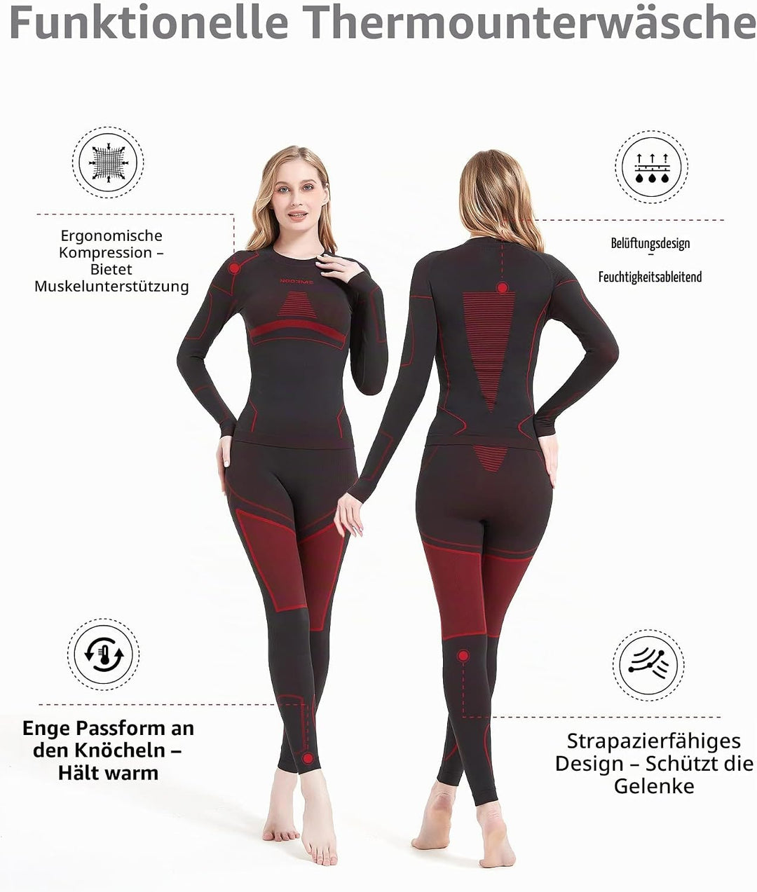 NOOYME Thermounterwäsche Damen Atmungsaktiv Thermowäsche Set Funktionswäsche Anti-bakteriell und Fle