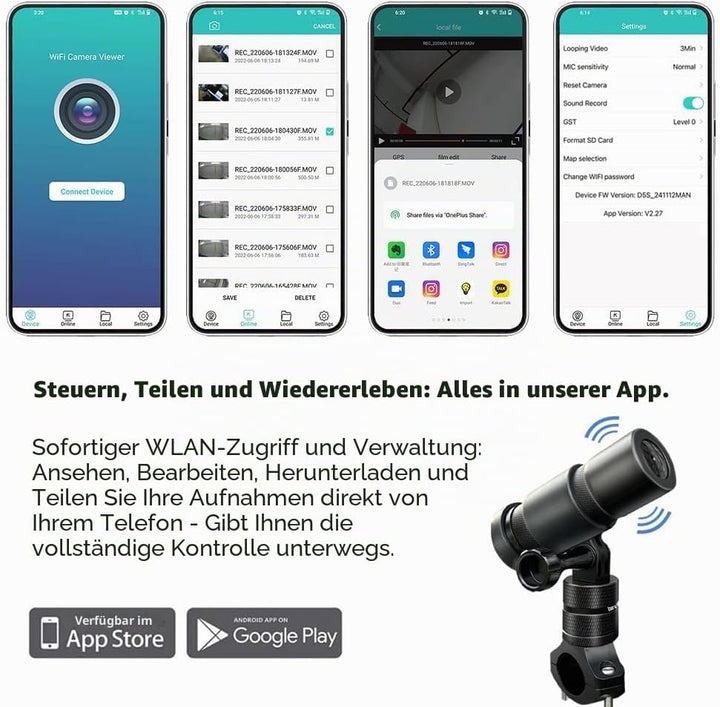 VSYSTO WiFi Motorrad Kamera, OLED Kabelcontroller, GPS, ODO Berechnung, wasserdicht HD 1080P 150 ° W