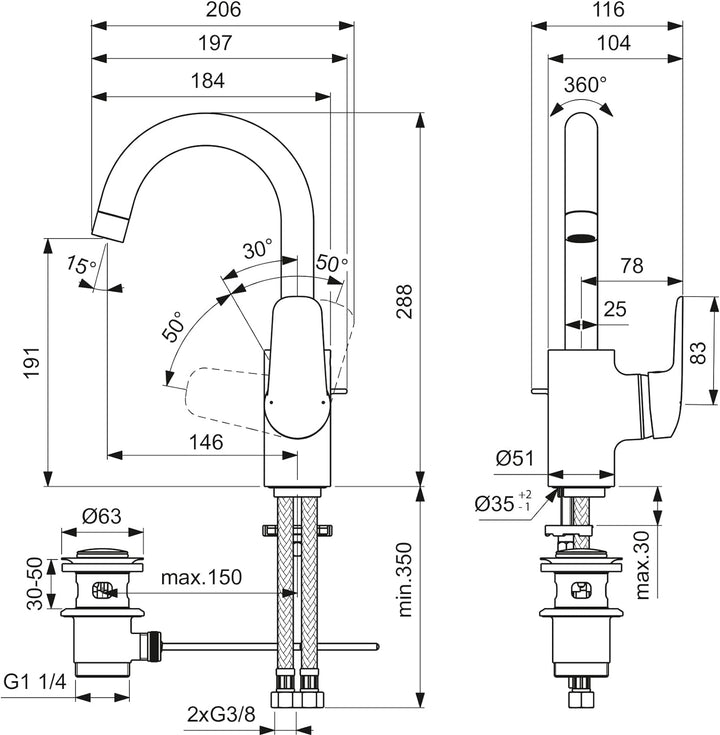 Ideal Standard B1716AA Ceraflex Waschtischarmatur hoher Auslauf mit Zugknopf-Ablaufgarnitur hoher Au