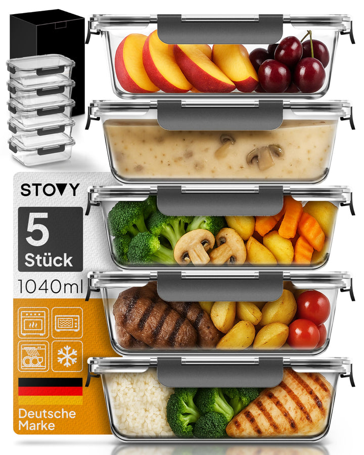 STOVY® Meal Prep Boxen Glas - 5x 1040ml I Glasbehälter mit Deckel - Ideal für komplette Mahlzeiten I