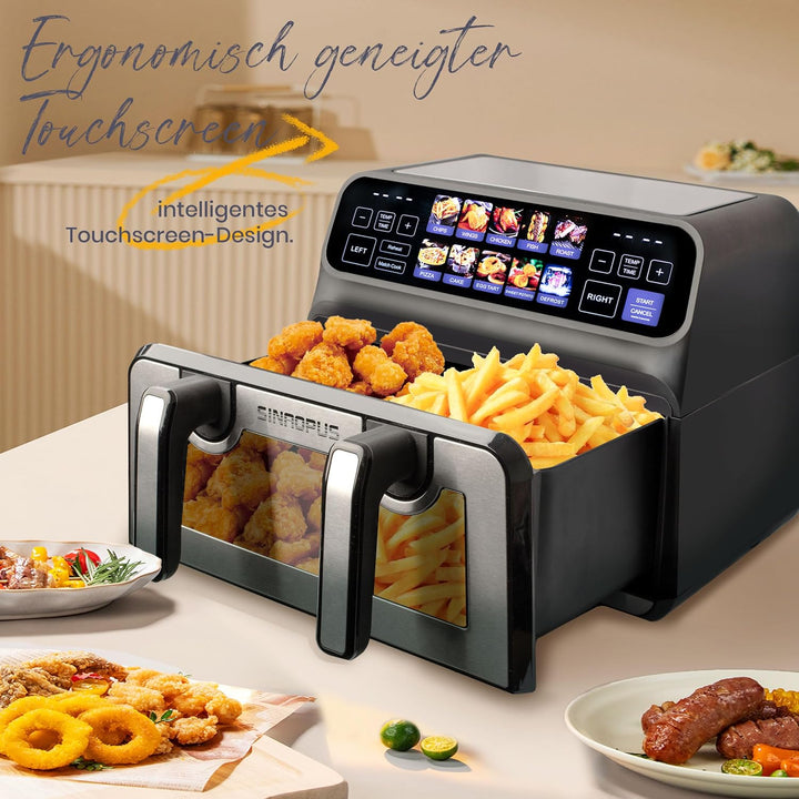 Heissluftfritteuse 9 L Doppelkammer Airfryer – 2200 W Starke Leistung, Sichtfenster, Farb-LED-Displa