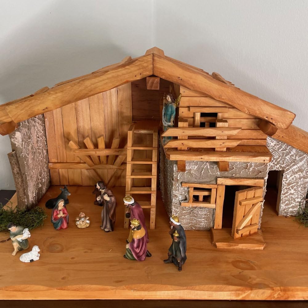 Handgefertigte Weihnachtskrippe aus Holz mit handbemalten Figuren I Tisch Krippe I Weihnachten I Grö