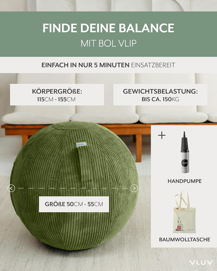 VLUV® BOL VLIP Sitzball Büro Ergonomisch [Atmungsaktiv mit Tragegriff und Wegrollschutz] Waschbarer