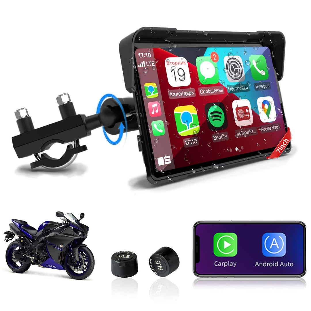 Jansite Motorrad Carplay Bildschirm Android Auto mit TPMS Reifendrucküberwachungssystem, 7 Zoll Moto