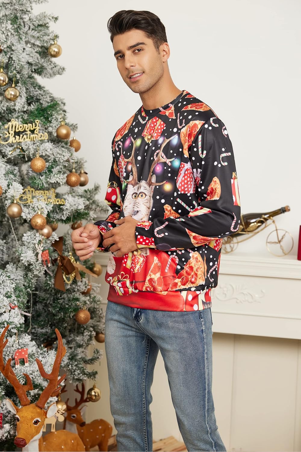 AIDEAONE Unisex Herren Damen Weihnachten Lustiges Sweatshirt Langarm T-Shirt Katzenpizza XL, Katzenp