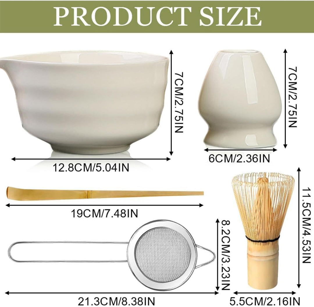 5 Stück Matcha Set, Bambus Matcha Besen, Keramik Matcha Schale mit Ausgiesser, Matcha Whisk, Schaufe