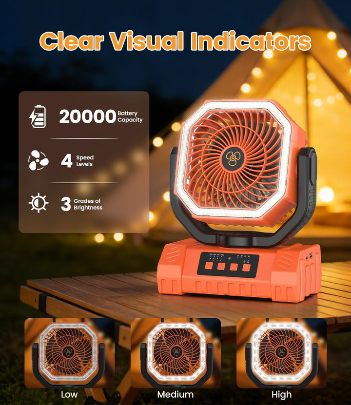 Camping Ventilator, 20000mAh Tragbarer Ventilator Akku mit LED Licht &amp; Fernbedienung, Haken, USB Ven
