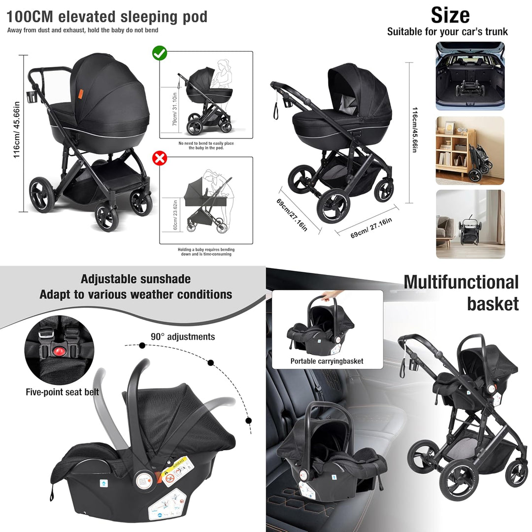 Kinderwagen 4 in 1, Buggy mit Umkehrbarem Zwei-Wege-Schub, Kombikinderwagen mit Faltbarem Tragbarem