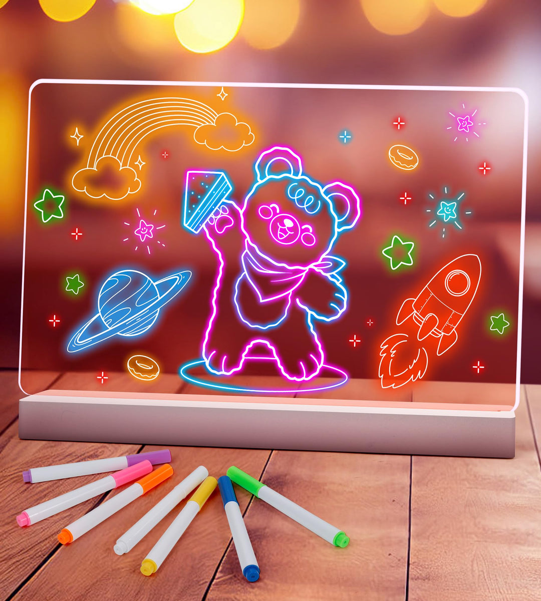 LED Leucht-Zeichenbrett für Kinder, Wiederaufladbar LED Neon Licht Acryl Schreibtafel mit 7 Farbstif