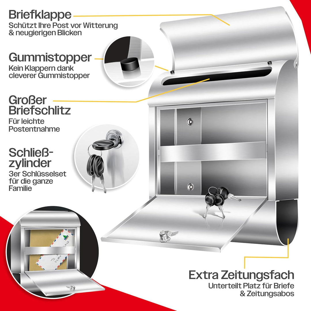 KESSER® XXL Briefkasten Edelstahl mit Zeitungsfach, gebürstet, 3X Schlüssel abschliessbar, Pulverbes