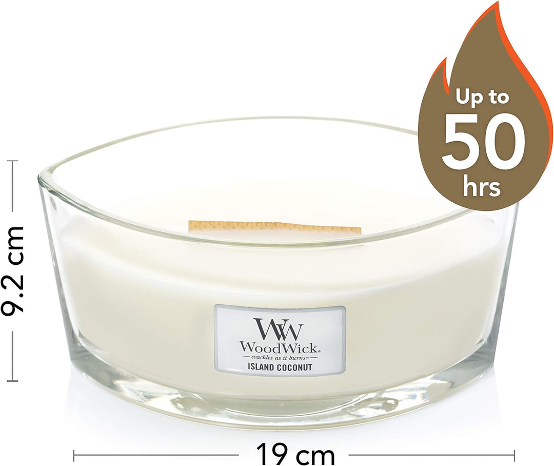 Ellipsenförmige WoodWick Duftkerze mit knisterndem Docht, Island Coconut, bis zu 50 Stunden Brenndau