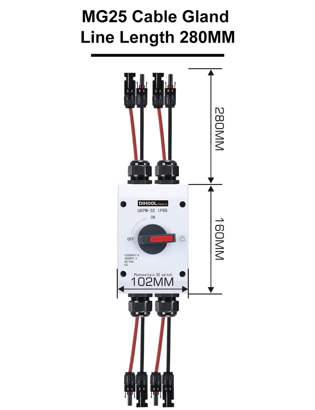 DIHOOL DC Trennschalter 2 Strings PV Anlage mit Generatoranschlusskasten Sicherungsautomat 32A IP66