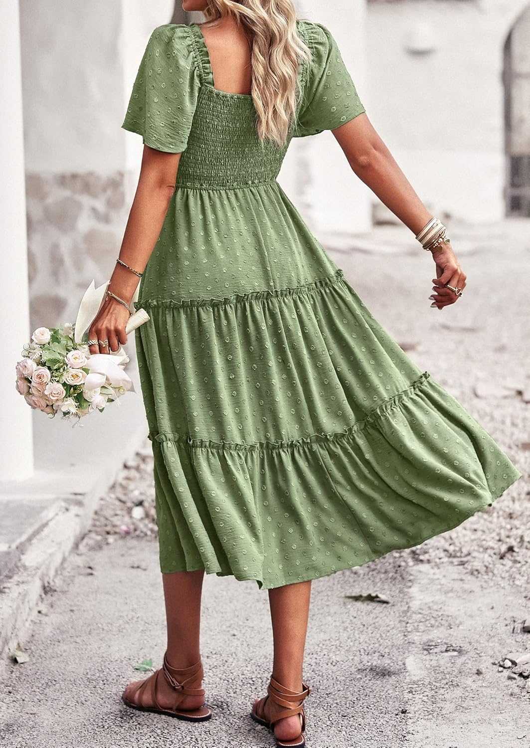 Damen Smocked Midi Kleid Kurzarm U-Ausschnitt Sommerkleid A-Linie Maxikleid Cocktail XL Grün, XL Grü