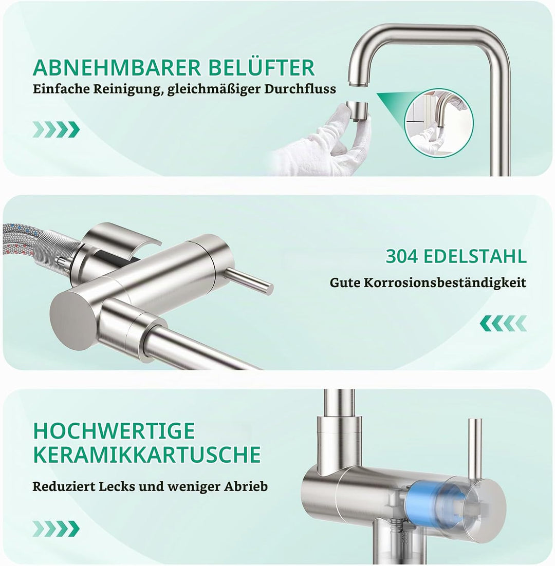 CREA 3 Wege Wasserhahn Küche,Vorfenster Küchenarmatur mit 2 Strahlarten, Wasserhahn Küche Klappbar m