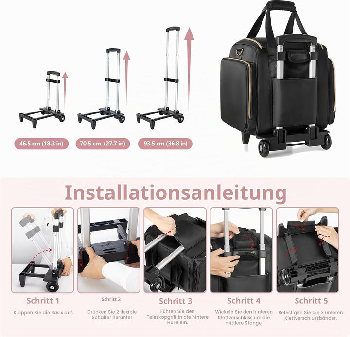 Rollbare Make-up Tasche mit 4 Einzelnen Koffern, professioneller Makeup Koffer mit Rollen Reisetasch