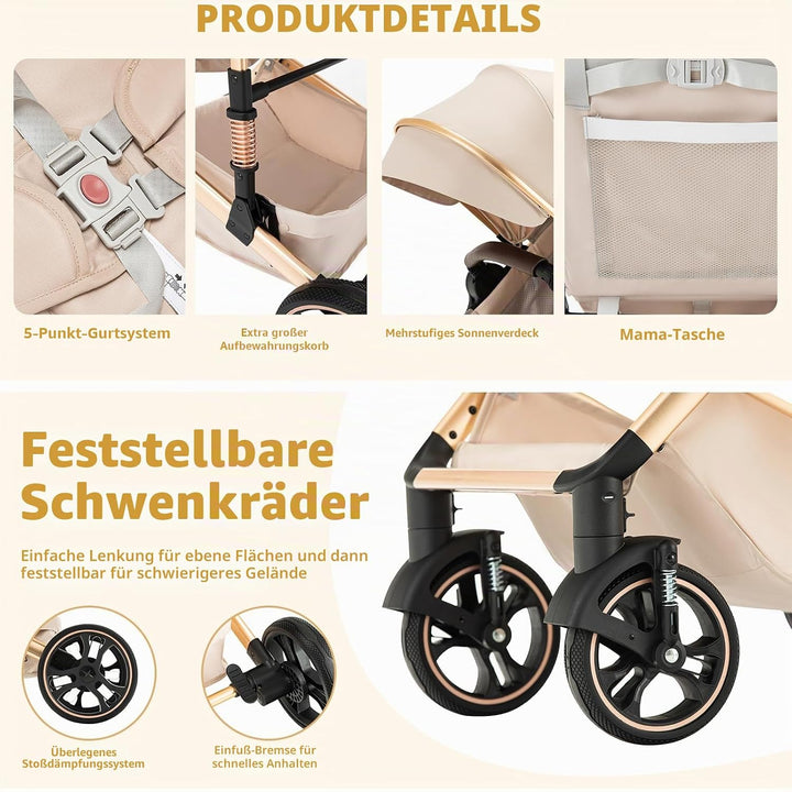 kinderwagen 3 in 1 Buggy Babybett Komplett Set Einem Klick Zusammenklappbarer Kinderwagen, 3 in 1 Ko