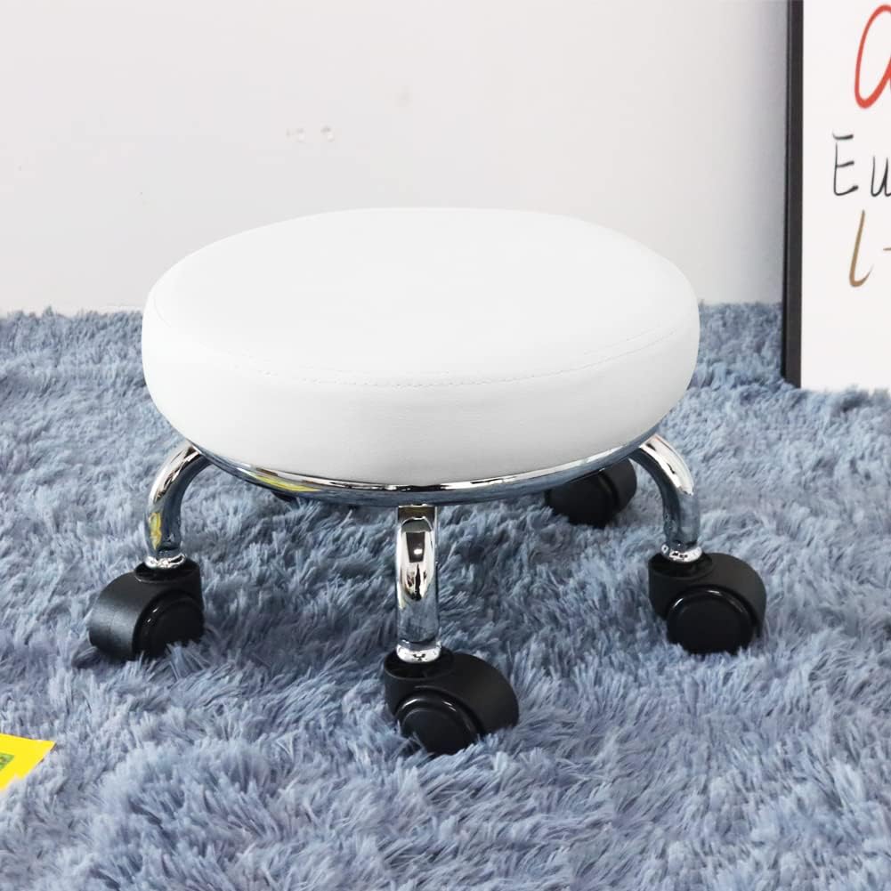 WKWKER Rollsitz PU Leder Low Round Rollhocker Kleiner Hocker mit Universal Drehrollen Rollen für Hom
