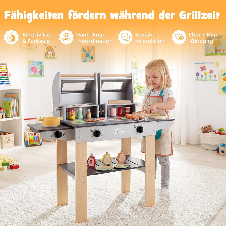 COSTWAY Barbecue Kindergrill, Grillspielzeug mit Grillbesteck & Spiel-Lebensmitteln, Matschküchemit