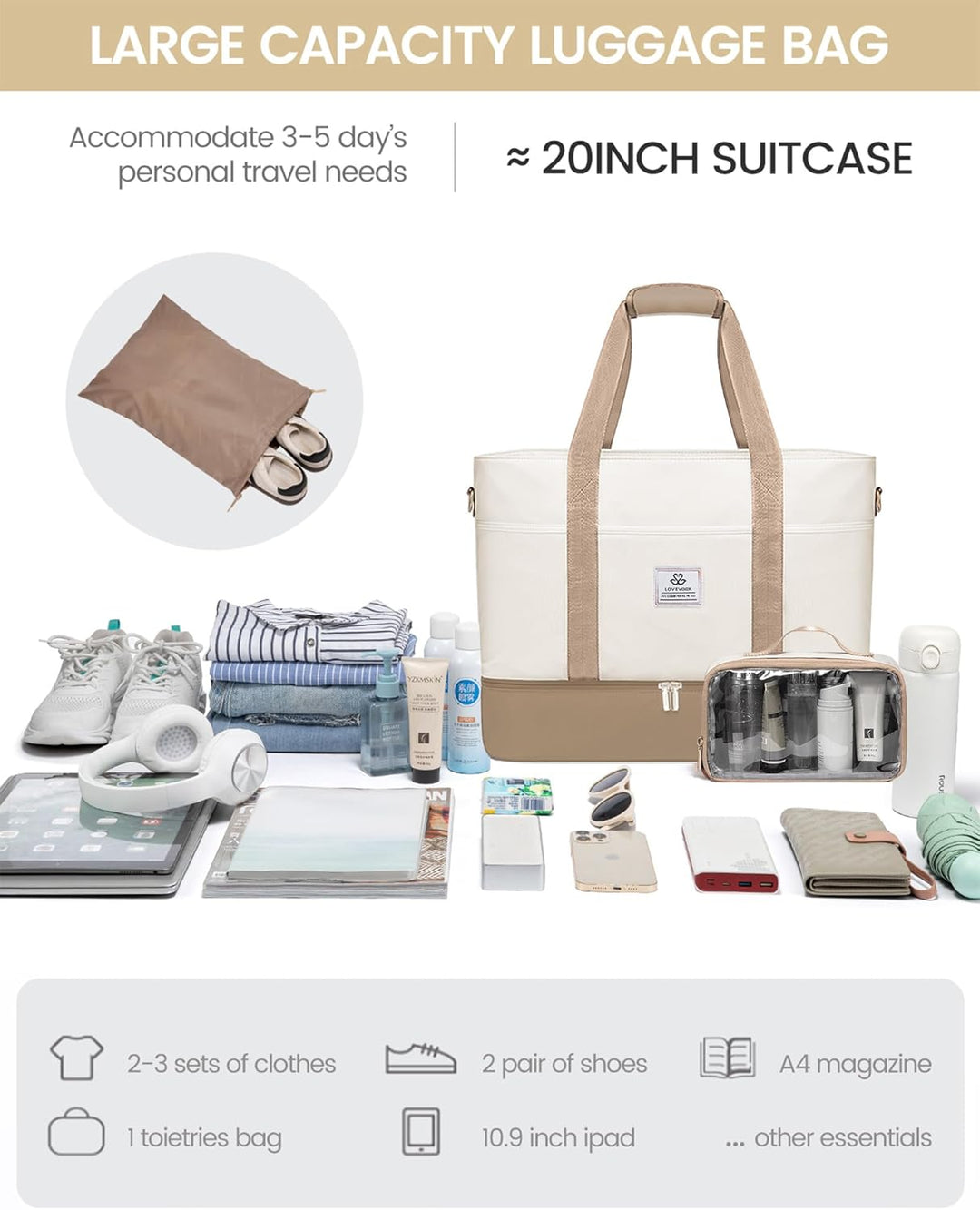 LOVEVOOK Reisetasche Damen, Wasserdicht Weekender Travel Bag mit Schuhfach, Duffle Bag Kliniktasche