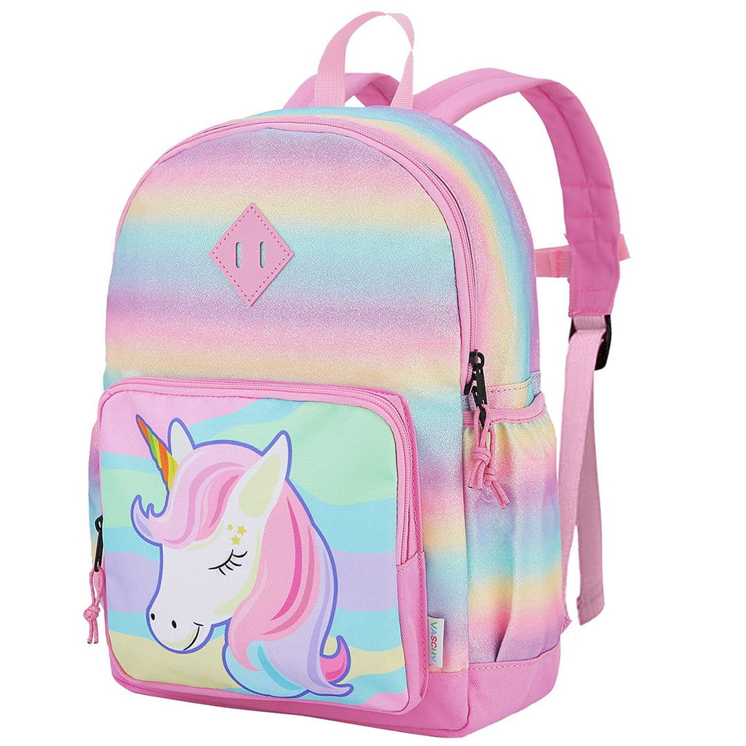 VASCHY Mädchen Schulrucksack 4-6 Jahre Schulrucksack mit Seitentaschen und Brustgurt 127-einhorn, 12